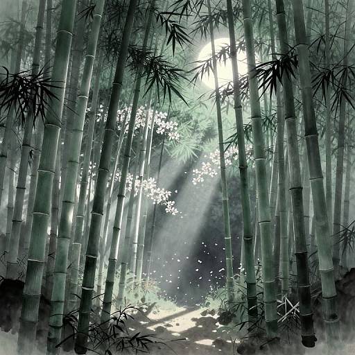Mystical bamboo forest illustration: Tall, green bamboo stalks with dark leaves surround a sunlit path, beams of light filtering through, with white