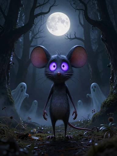 Digital illustration of a glowing purple-eyed, black mouse standing in a dark, eerie forest under a full moon, surrounded by ghostly figures.