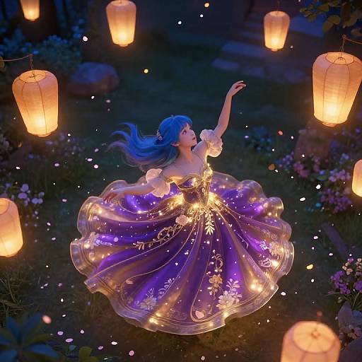 Digital art of a blue-haired woman in a glowing purple ball gown, surrounded by floating lanterns, in a dark, enchanted garden.