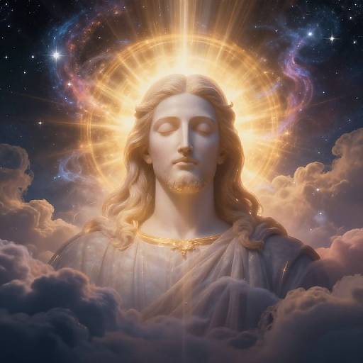 Digital artwork of a glowing, haloed Jesus with long brown hair, closed eyes, and a golden necklace, surrounded by clouds and stars. Radiant