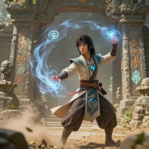 Digital art of an Asian male mage in a temple, wielding blue magical energy circles, wearing a white and blue robe, standing in a stone archway