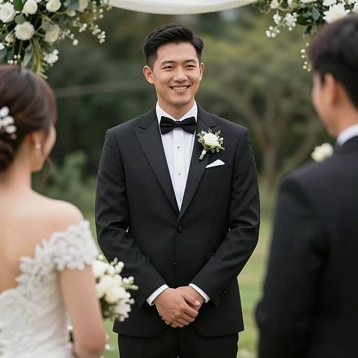 Photograph of smiling Asian groom in black tuxedo with bow tie, white flower boutonnière, standing between two brides in white dresses,