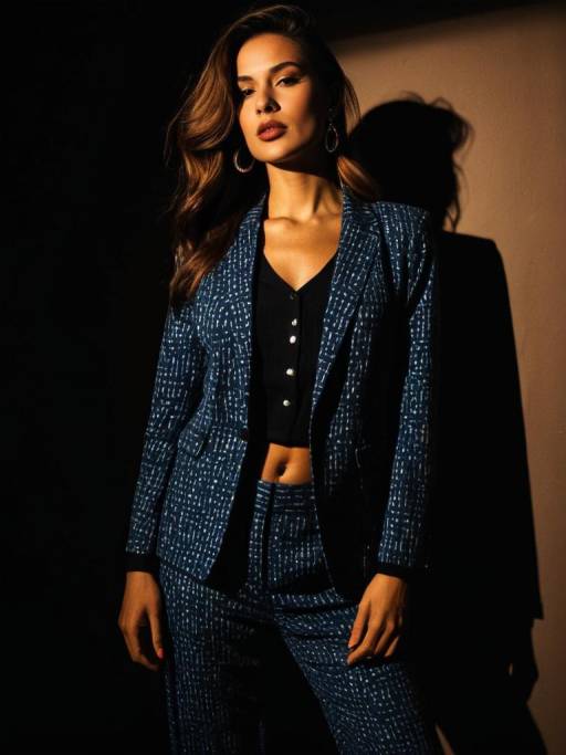 Woman in Blue Printed Pantsuit with Black Top