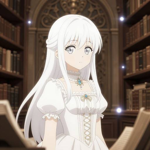 Anime-style digital drawing of a white-haired, blue-eyed girl in a frilled, white dress with blue gems, standing in a dimly lit,