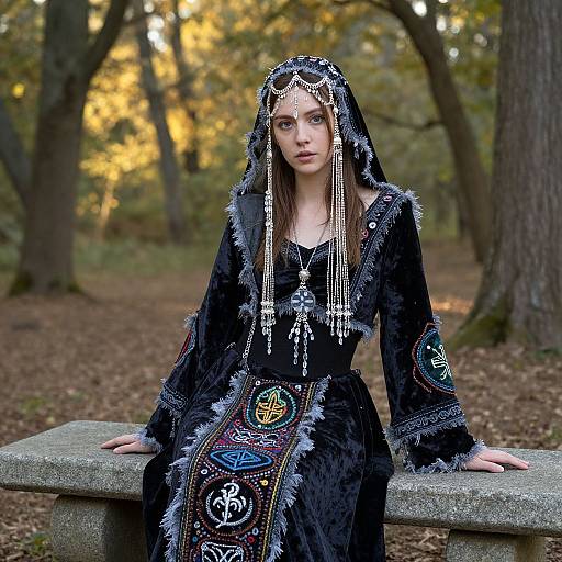 Photograph of a pale-skinned woman with blue eyes, wearing a black velvet dress with intricate silver and colorful embroidery, adorned with silver jewelry, sitting