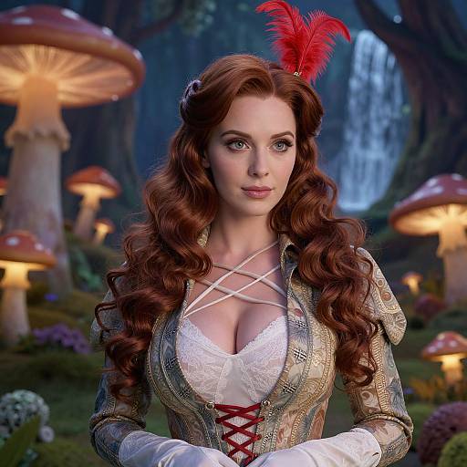 Photorealistic digital artwork of a fair-skinned woman with long, wavy red hair, wearing a low-cut, lace-trimmed corset