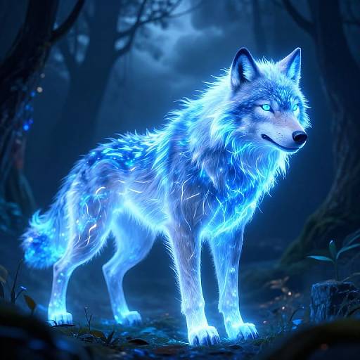 Digital artwork of a glowing, luminescent blue wolf with electric blue eyes standing in a dark, mystical forest. The wolf's fur and eyes emit
