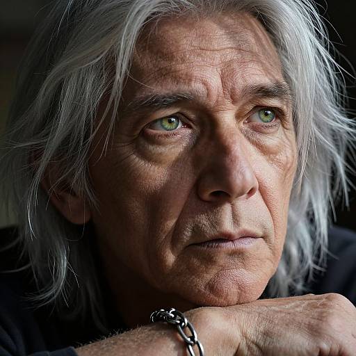 Close-up photograph of an older man with long, silver hair, green eyes, and wrinkled skin, resting his chin on his hand, wearing a
