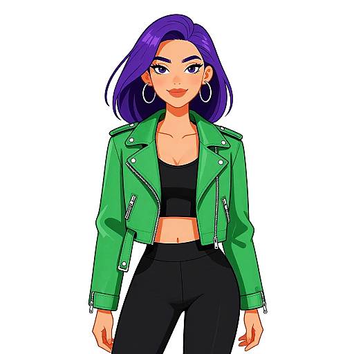 Digital illustration of a confident woman with purple hair, wearing a green leather jacket, black crop top, and black pants, with large hoop earrings and a