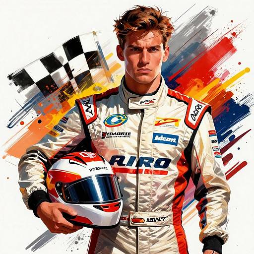 Digital illustration of a serious male race car driver in white and red racing suit, holding a red and white helmet, with vibrant, abstract black, white