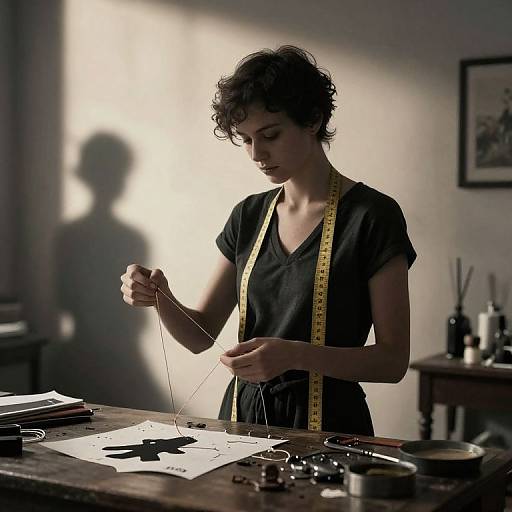 Photograph of a curly-haired woman in a black shirt, using a measuring tape, sewing thin threads onto a paper with a black shape, dimly