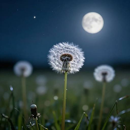 Close-up photograph of a glowing dandelion seed head under a full moon in a dark night sky with blurred grass.