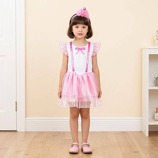 Photograph of a young Asian girl with short black hair, wearing a pink floral headband, pink and white dress with puffy sleeves, pink suspend