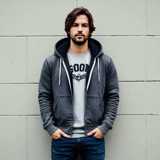 Young Man in Casual Grey Hoodie and Denim Jeans