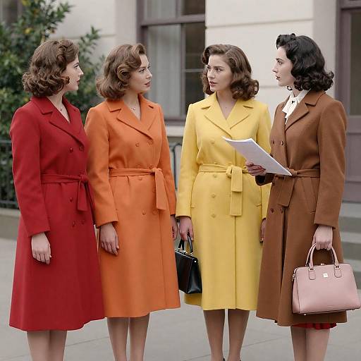 Four Women in 1950s Style Coats Outdoors