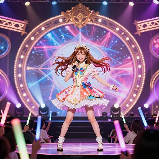 Colorful stage performance of a young girl with long brown hair, wearing a frilled, princess-like dress, holding a microphone, under vibrant, circular