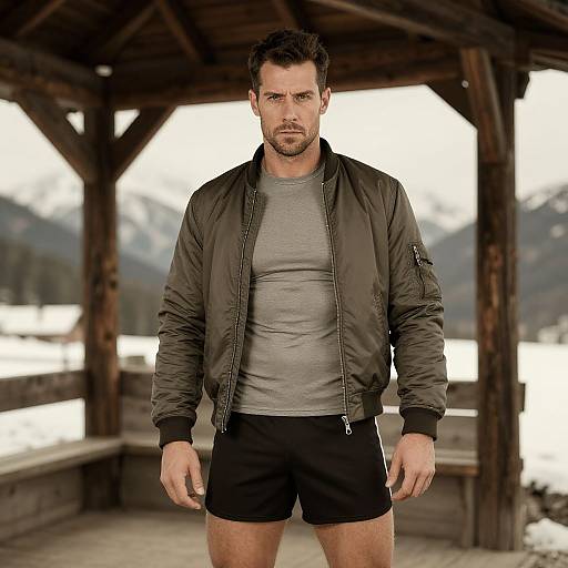 Photograph of a muscular, bearded man with short brown hair, wearing a gray t-shirt, black shorts, and a green bomber jacket, standing