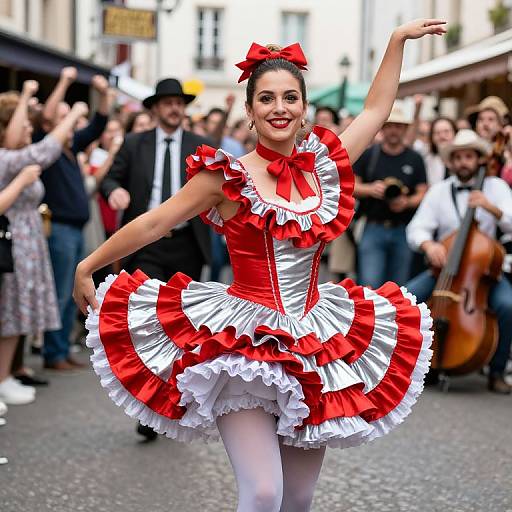 Photograph of a smiling woman in a vibrant red and white frilled ballerina dress, white tights, red bow, dancing in a street