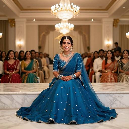 Photograph of a smiling Indian woman in a blue, sequined, traditional lehenga, sitting on a marble platform, surrounded by an audience in colorful