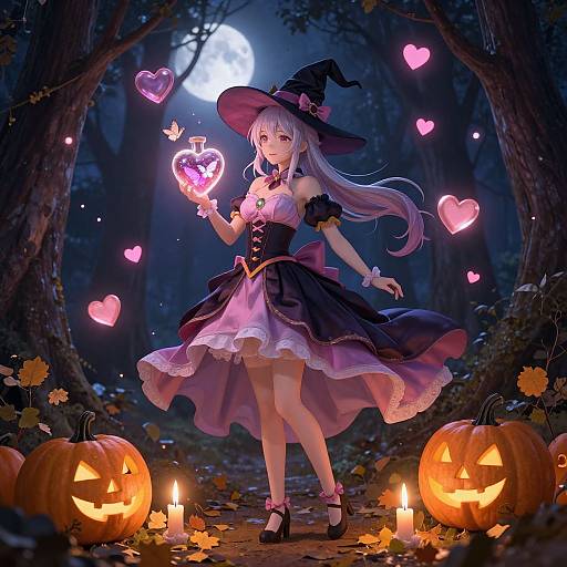 Digital anime-style drawing of a white-haired witch in a purple dress, black hat, holding glowing heart-shaped magic, surrounded by glowing hearts, carved pump