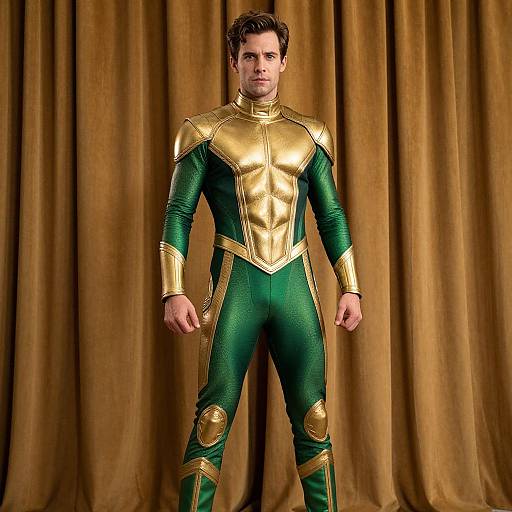 Photograph of a muscular man in a green and gold superhero suit with metallic armor, standing against a brown curtain background.