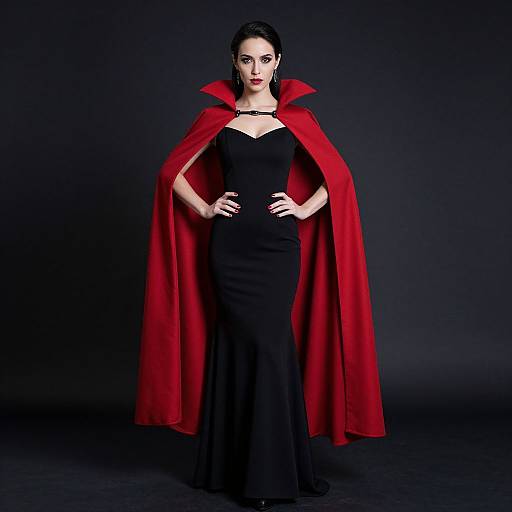 Photograph of a pale-skinned woman with black hair, wearing a black form-fitting gown and a vibrant red cape, standing confidently against a dark