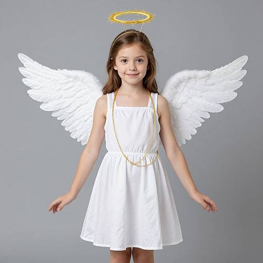 Photograph of a young girl with long brown hair, wearing a white dress, white angel wings, golden halo, and necklace, standing against a gray