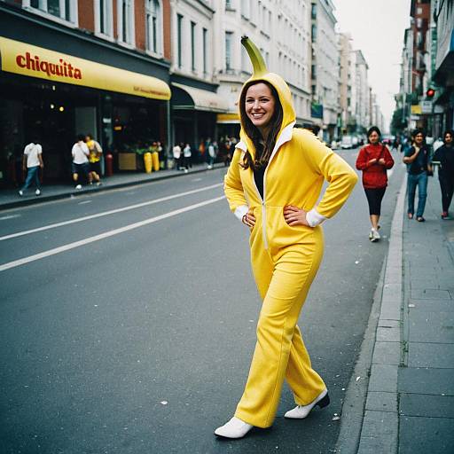 Photograph of a smiling woman in a yellow banana suit with a hood, white shoes, walking on a city street.