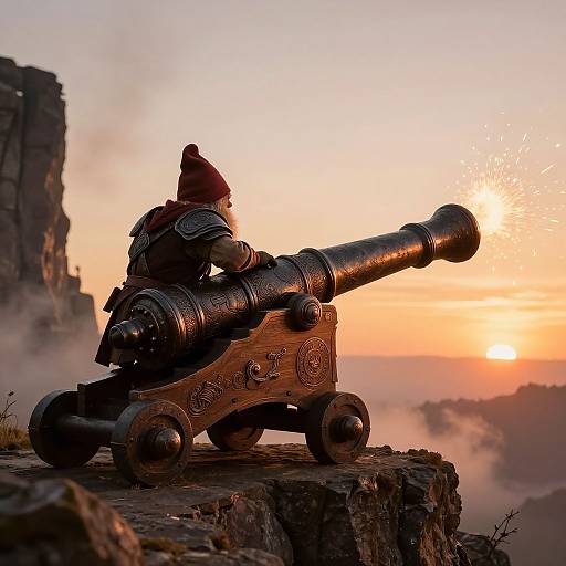 Photograph of a detailed, ornate cannon with a gnome wearing a red hat and armor, firing at a sunrise over a misty, rocky landscape