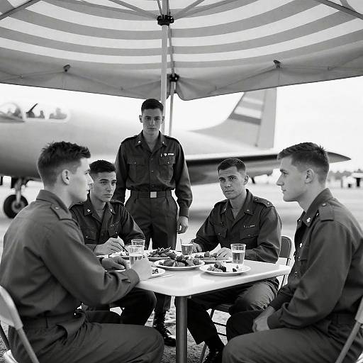 Military Gathering Under Striped Tent