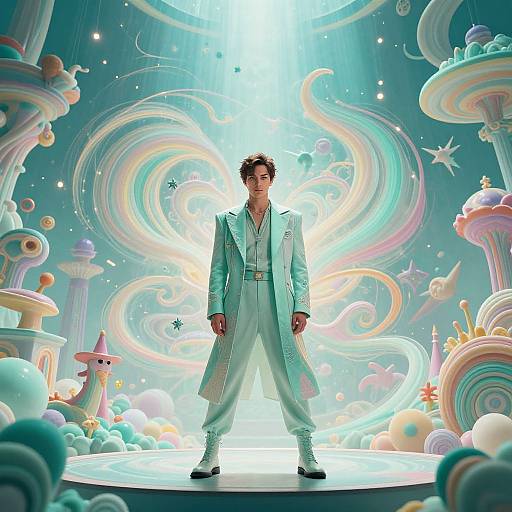 Digital artwork of a curly-haired man in a light blue suit standing confidently in a whimsical, colorful, cosmic background with swirling rainbow lights and surreal floating