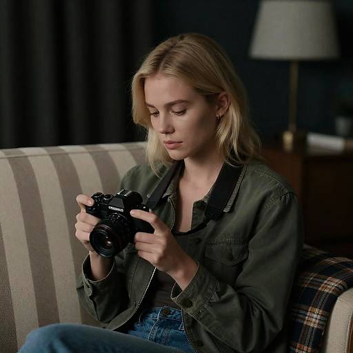 Thoughtful Blonde Woman with Camera