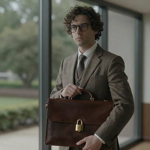 Serious Man in Plaid Suit with Briefcase