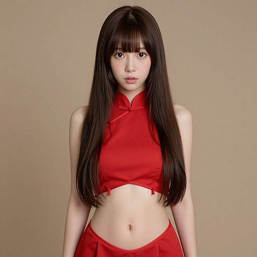 Photograph of an East Asian woman with long, straight black hair, wearing a red, sleeveless, high-neck crop top and matching skirt, standing