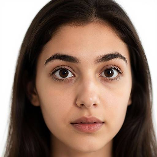 Close-up photograph of a young woman with dark brown hair, large brown eyes, and light olive skin, looking directly at the camera against a white background