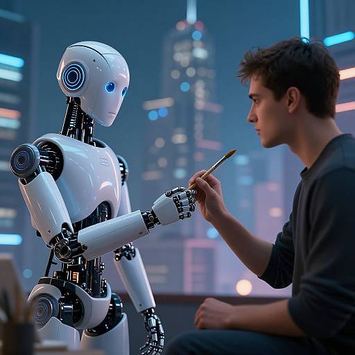 Photograph of a human male in a black shirt pointing at a white and black humanoid robot with blue eyes in a futuristic cityscape with neon lights.