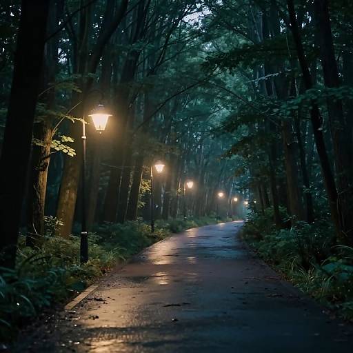 Photograph of a dark, misty forest path illuminated by glowing street lamps, wet pavement reflecting light, dense trees on both sides.