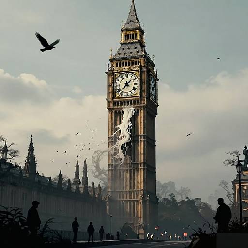 Photograph of London's Big Ben clock tower with a ghostly white face superimposed, surrounded by flying birds and silhouetted figures.
