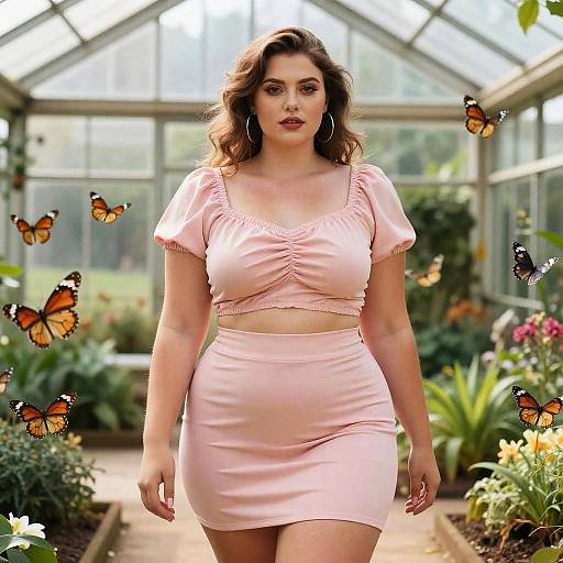 Plus-Size Woman in Pink Outfit in Greenhouse with Butterflies