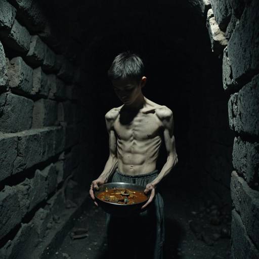 Malnourished young prisoner holding stew bowl in catacomb