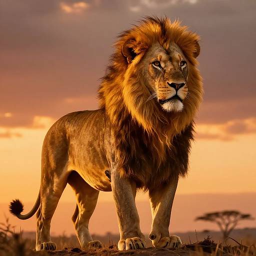 Photograph of a majestic male lion with a full mane, standing on a savanna at sunset, with a vibrant orange and purple sky in the background