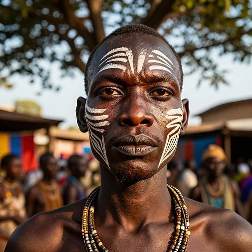 Photograph of a shirtless, dark-skinned African man with white tribal face paint, wearing beaded necklace, standing outdoors with blurred background.