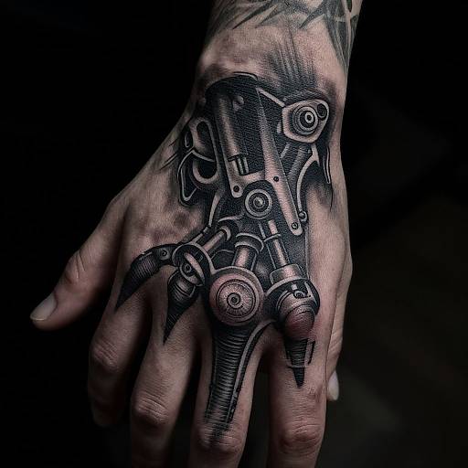 Photograph of a male hand with intricate black mechanical tattoo covering palm and fingers, featuring gears, screws, and cogs, against a dark background.