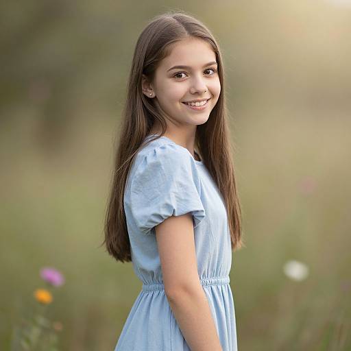 Photograph of a young girl with long brown hair, wearing a light blue dress, smiling while standing in a blurred, colorful meadow.