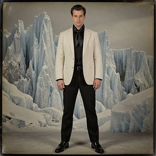 Photograph of a serious, dark-haired man in a white suit, black shirt, and black pants, standing against a backdrop of icy, glacier-like
