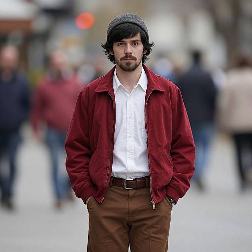 Photograph of a young man with medium brown skin, black wavy hair, and beard, wearing a red jacket, white shirt, brown pants,