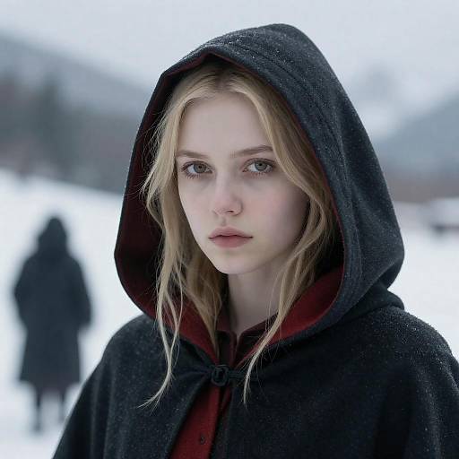 Young Woman in Dark Hooded Cloak in Snowy Winter Landscape