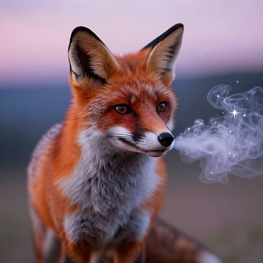 Photograph of a vibrant red fox with white chest fur, black nose, and piercing eyes, exhaling a wisp of smoke with sparkling effects against