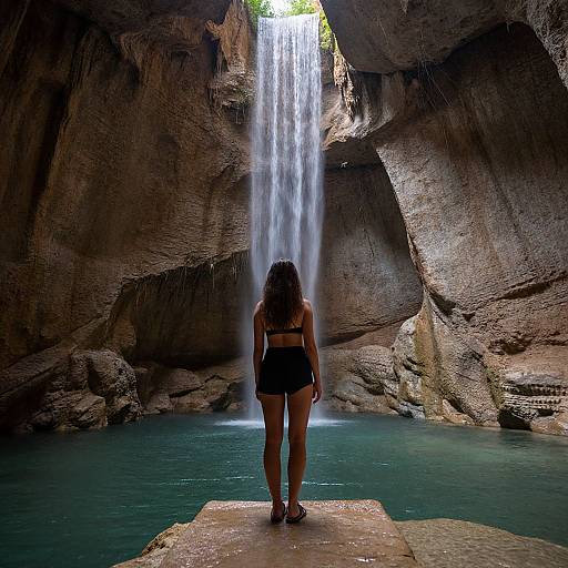 Photograph of a woman with long brown hair, wearing a black bikini, standing on a rock at the base of a tall waterfall in a cavern with