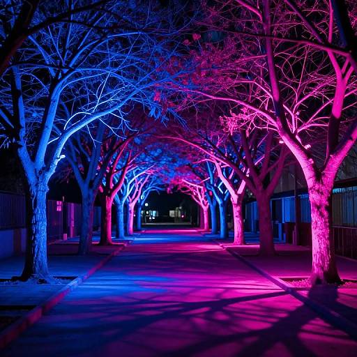 Photograph of a nighttime street with trees illuminated in vibrant blue and pink neon lights, creating a surreal, glowing tunnel effect.